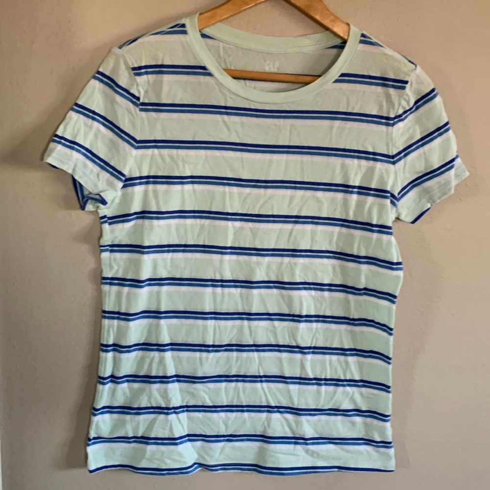 GAP Women's Short Sleeve Striped Tee — Light Mint with Blue Stripes